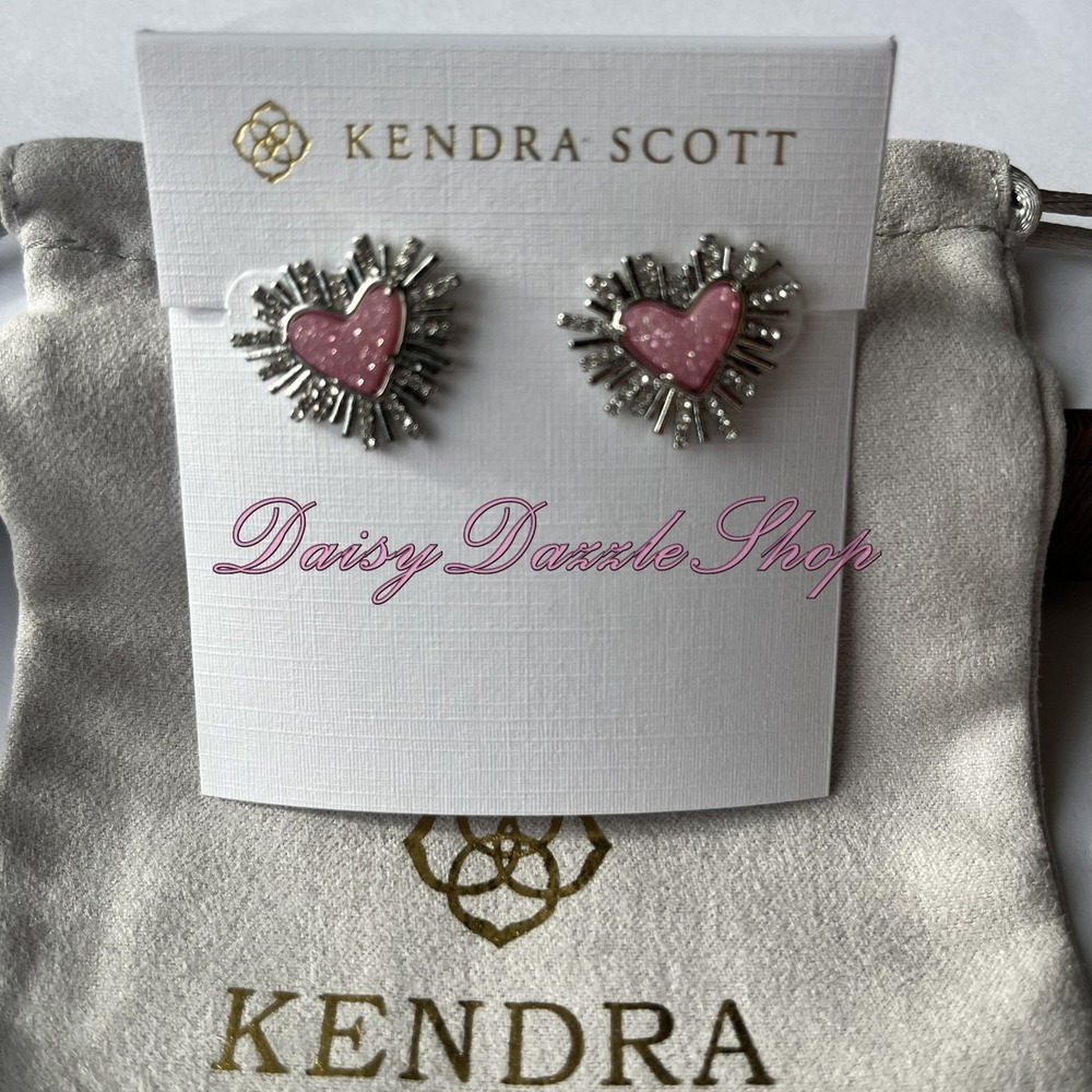 ✨New Kendra Scott x Dolly Parton Ari Heart Earrings Silver Pink Drusy🩷 - Picture 4 of 7